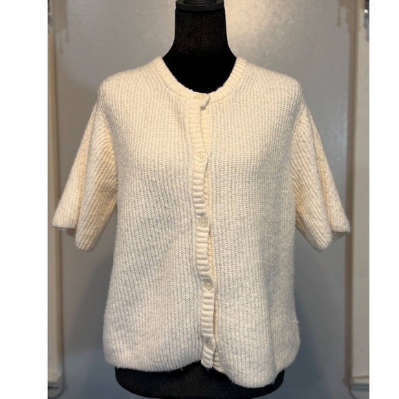 Pink Rose Tops - Cream cropped knit cardigan coquette cottagecore button sweater- Small